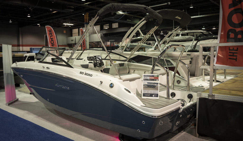 Hurricane SD 2050 deck boat on display at The Boat House booth during the 2025 Chicago Boat Show.