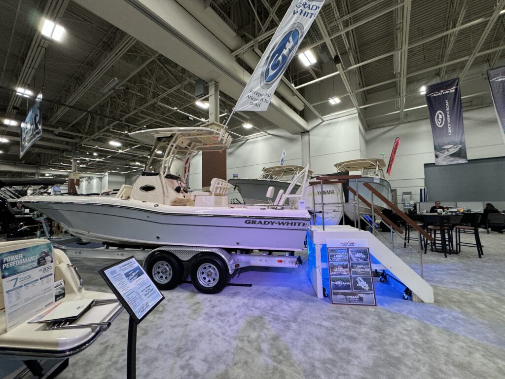 Grady-White boat on display at The Boat House exhibit during the 2025 Milwaukee Boat Show.